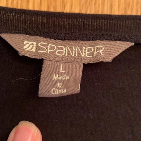 Spanner LARGE black v neck stretch LS tee shirt top blue mesh artsy design EUC - Picture 3 of 5